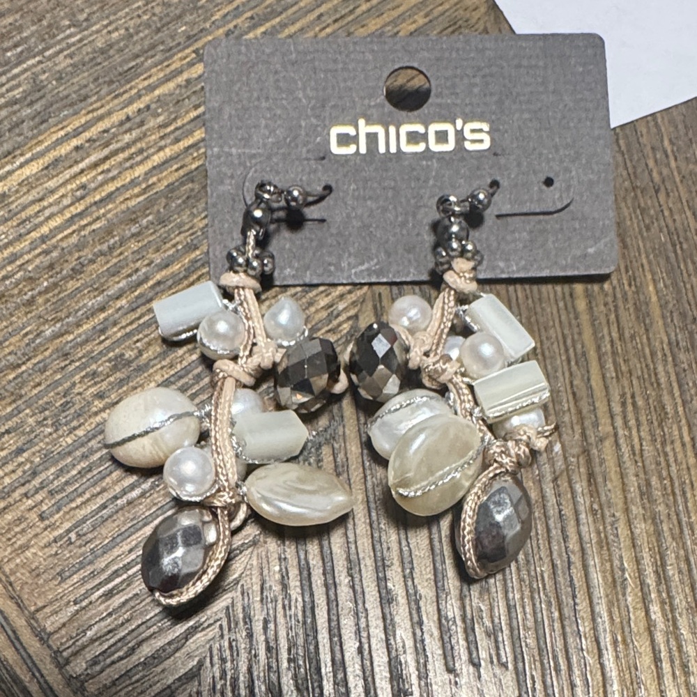 Chico's Cream and Silver Beaded Dangle Earrings (BR777/3) - Picture 2 of 4
